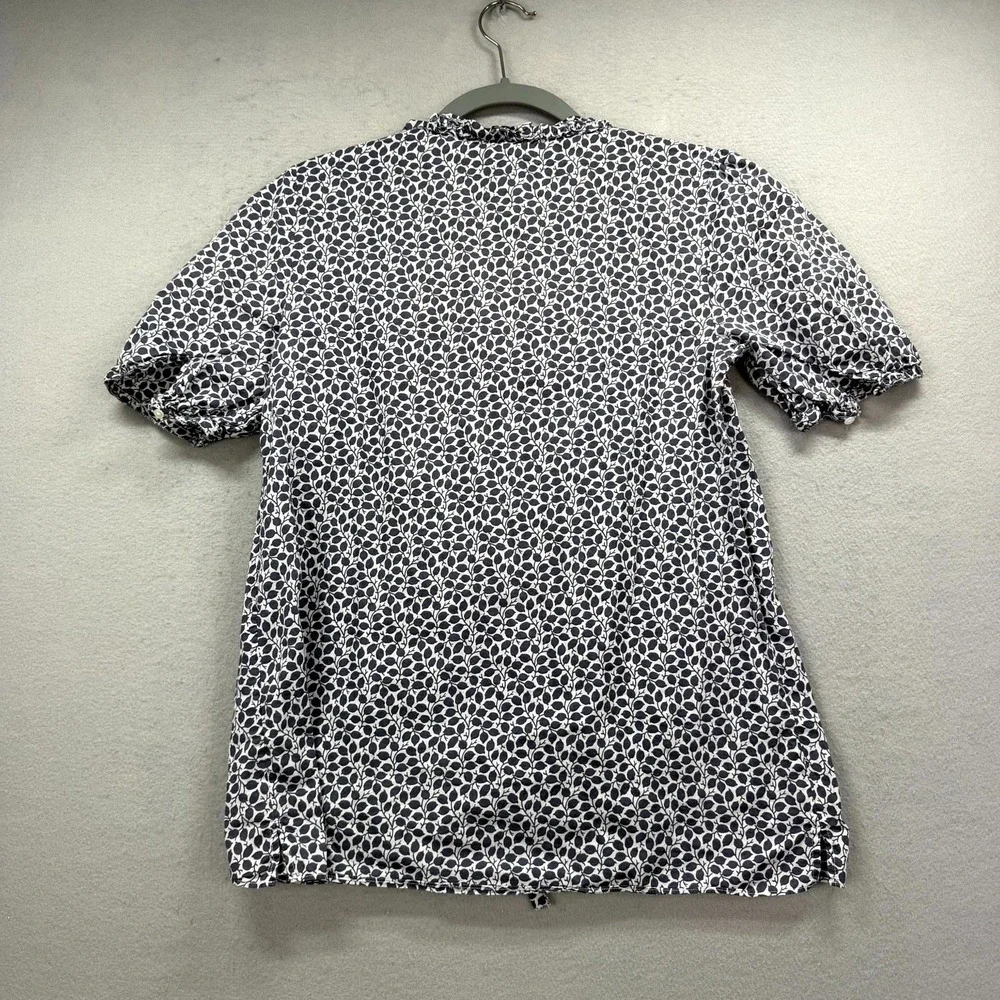 Gap Blouse Top Womens Tall Medium White‎ Navy Leaf Pattern Cotton Pleat Tie Neck